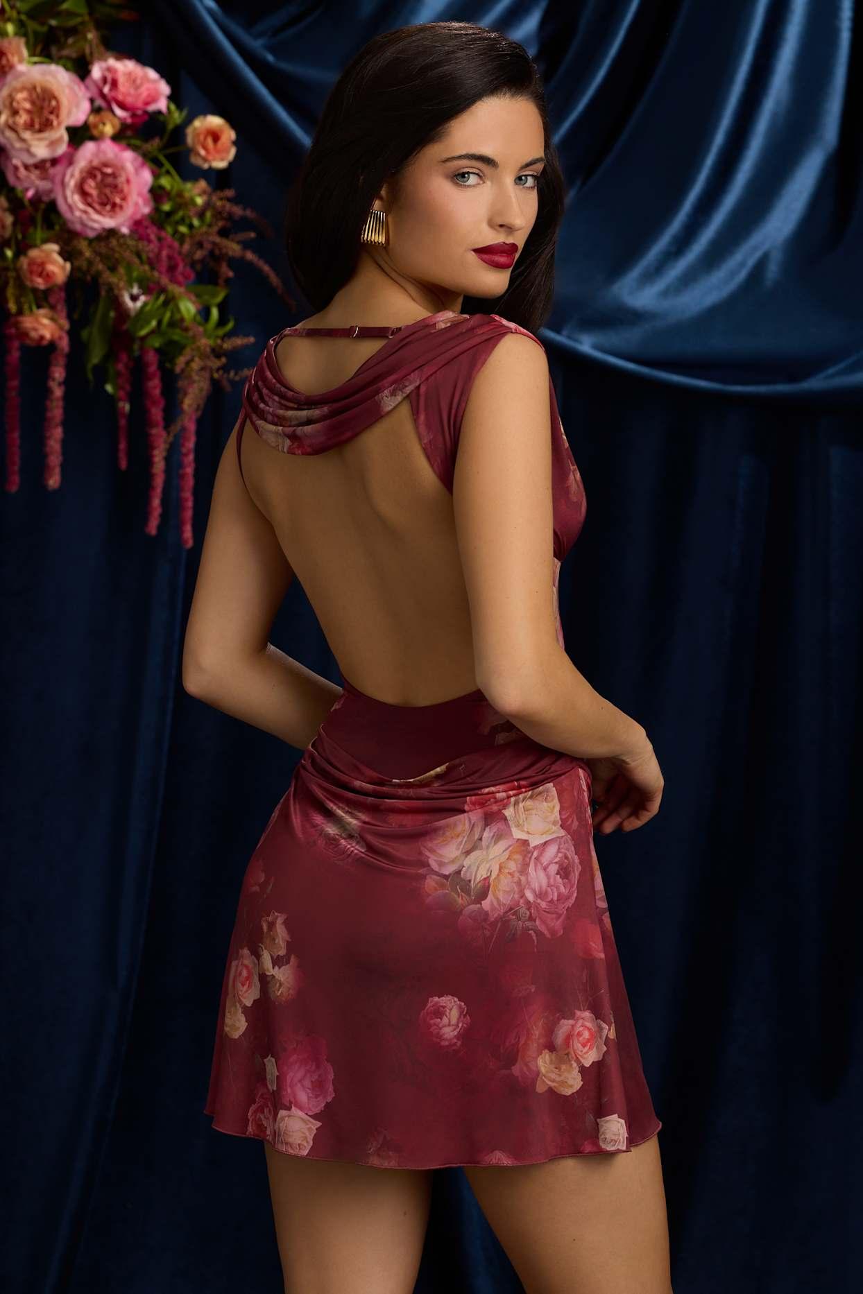 Draped Open-Back A-Line Mini Dress in Maroon Floral Print Female Product Image