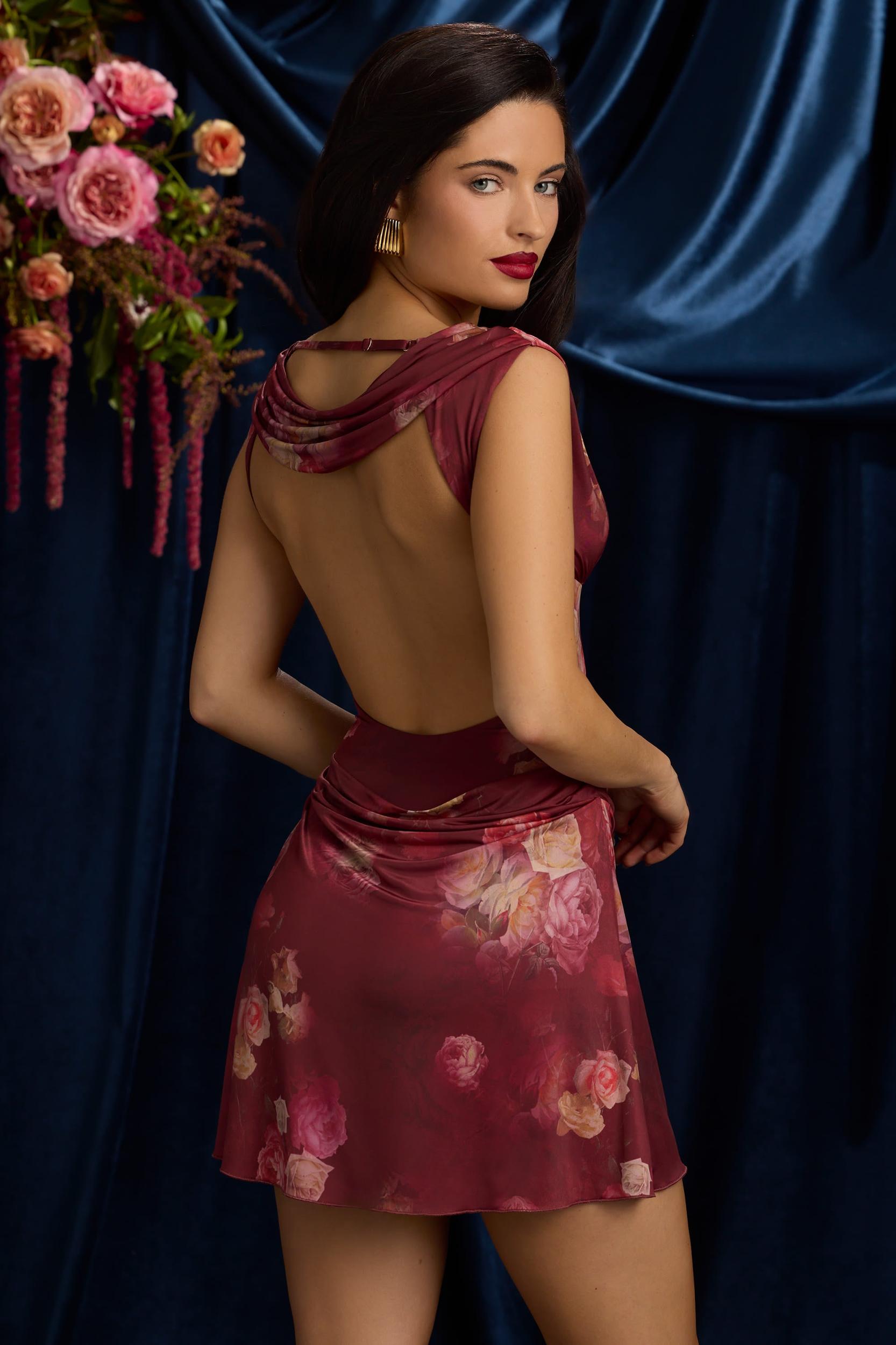 Draped Open-Back A-Line Mini Dress in Maroon Floral Print Female Product Image