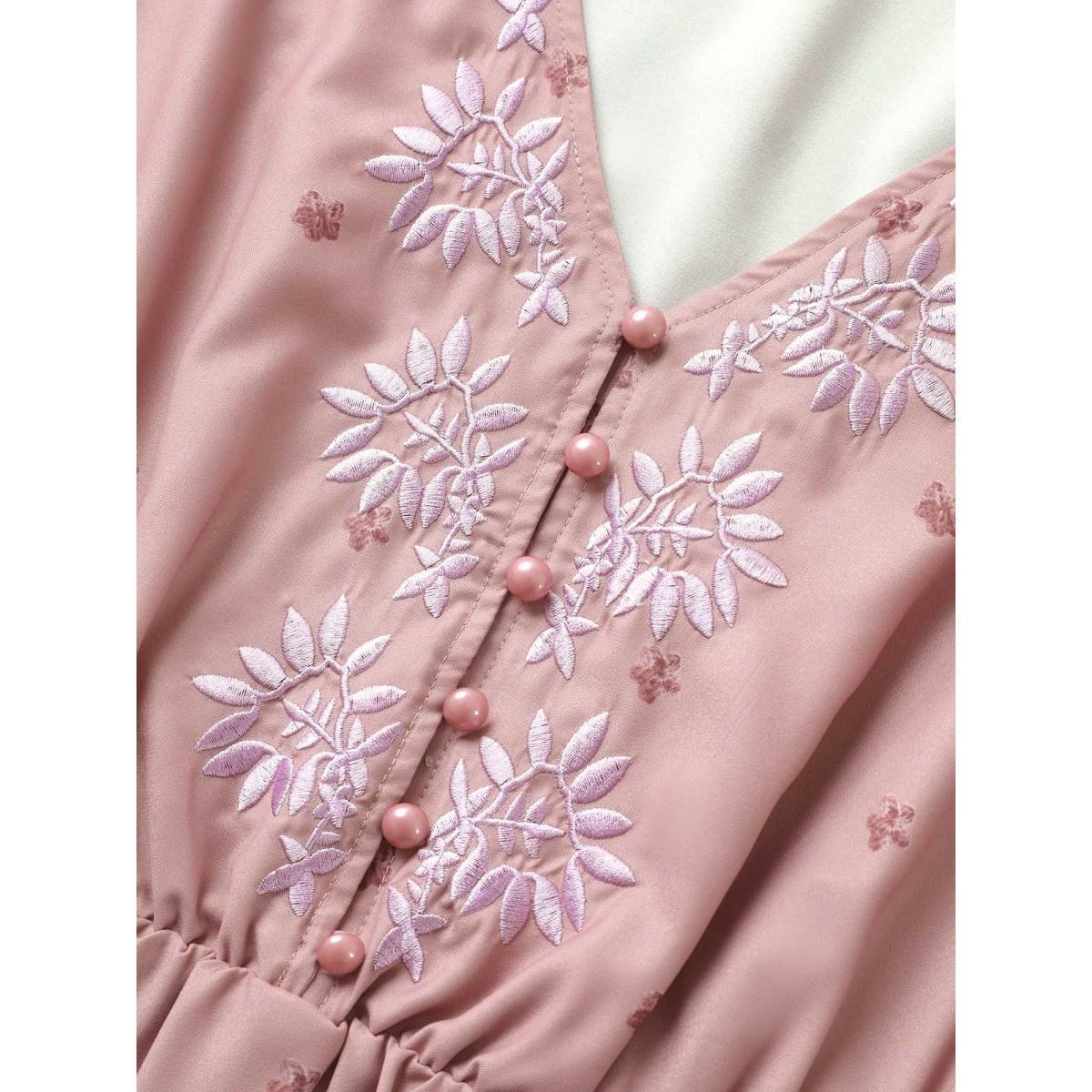 Plus Size Floral Embroidered Button Up Lantern Sleeve Dress DustyPink Women Resort Non V-neck Elbow-length sleeve Curvy Midi Dress BloomChic 26/4X Product Image