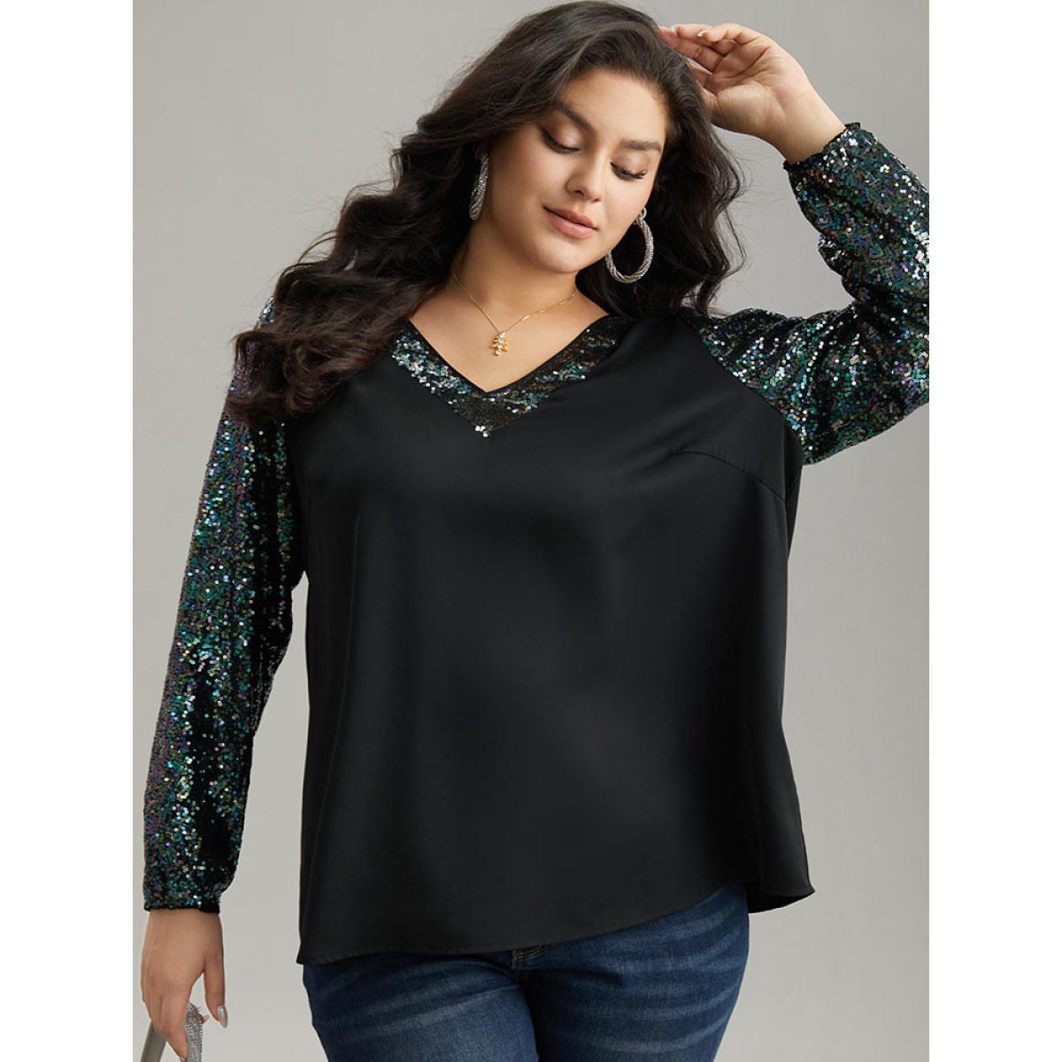 Plus Size Black Sequin Patchwork V Neck Blouse Women Glamour Long Sleeve V-neck Going out Blouses BloomChic 10/M Product Image