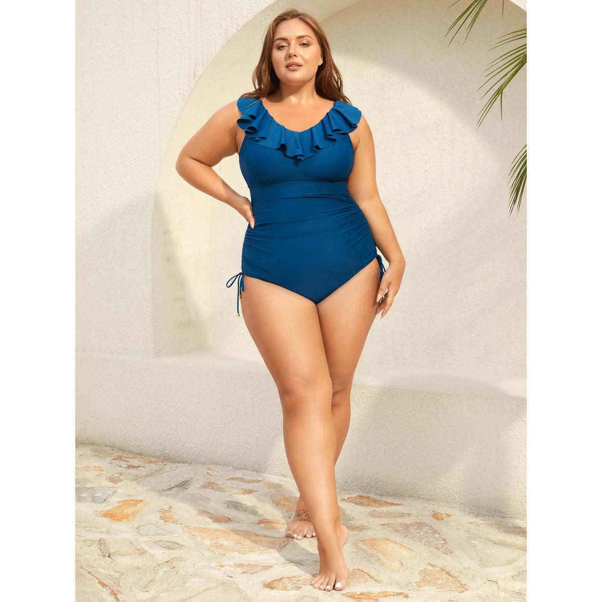 Plus Size Lotus Leaf Edge Drawstring One-Piece Swimsuit Women's Swimwear Aegean Beach Drawstring Curve Bathing Suits High stretch One Pieces BloomChic 26/4X Product Image