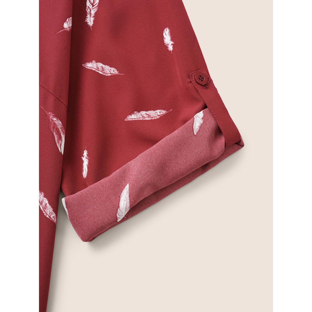 Plus Size Scarlet Feather Print Half Zip Tab Sleeve Split Hem Blouse Women Work From Home Long Sleeve Round Neck Work Blouses BloomChic 14-16/1X Product Image