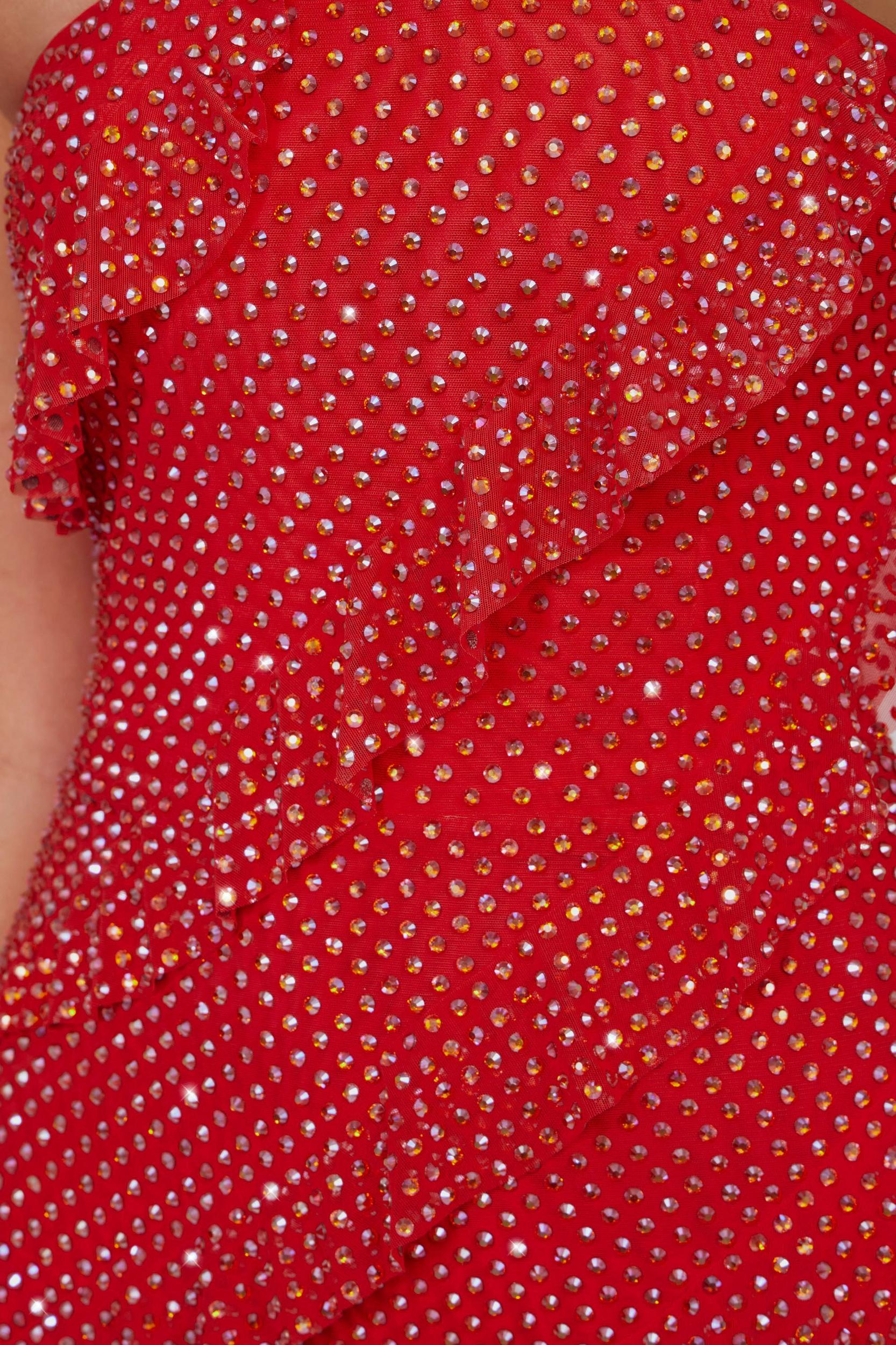 Embellished Strapless Ruffle Maxi Dress in Fire Red Product Image