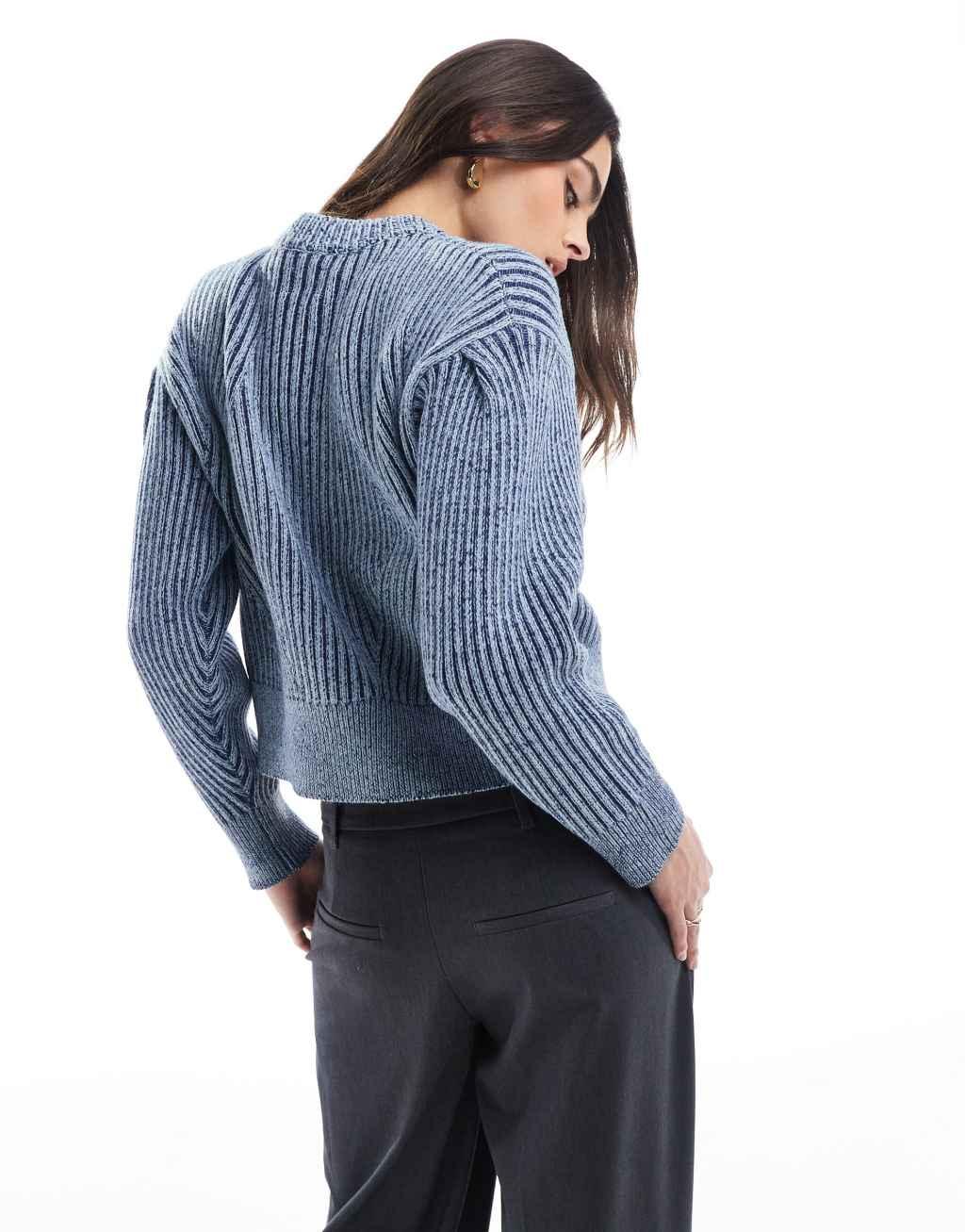 ASOS DESIGN plated crew neck sweater with sleeve detail in blue Product Image