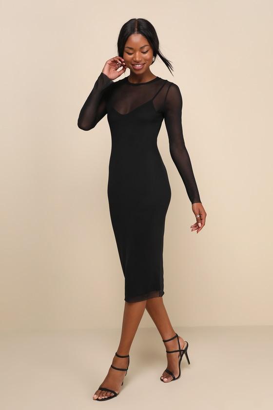 Perfect Plans Black Sheer Mesh Long Sleeve Bodycon Midi Dress Product Image