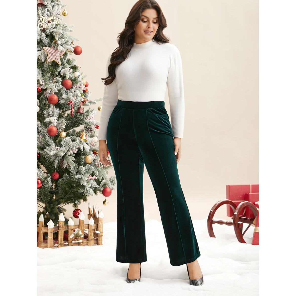 Plus Size Velvet Mid Rise Flared Pants Women DarkGreen Elegant Bootcut Mid Rise Everyday Pants BloomChic 22-24/3X Product Image
