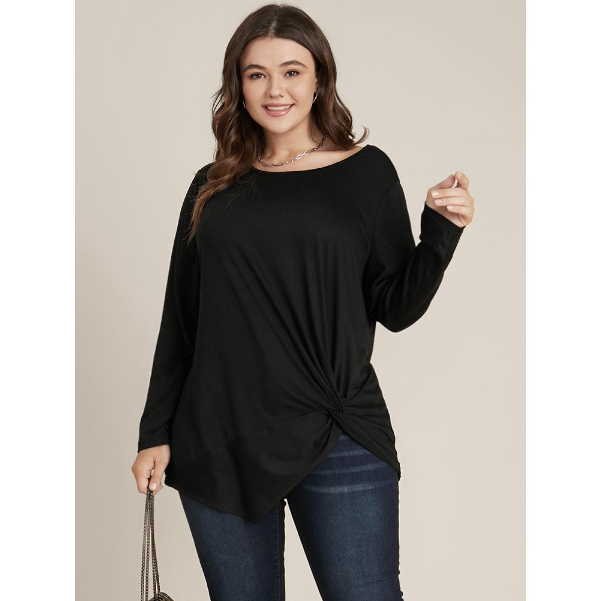Plus Size Solid Round Neck Twist Front Long Tee Black Women Elegant Plain Plain Round Neck Dailywear T-shirts BloomChic 10/M Product Image
