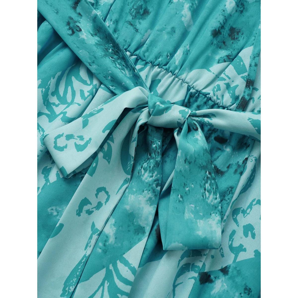 Plus Size Graphic Elastic Waist Belted Wrap Dress Turquoise Women Resort Non Overlap Collar Short sleeve Curvy Midi Dress BloomChic 14-16/1X Product Image