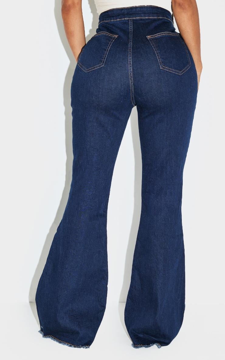 Shape Indigo Washed Distressed Hem Stretch Flared Denim Jeans Product Image