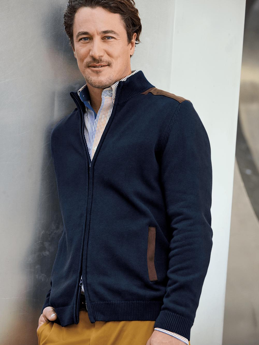 Cotton Full Zip Mock Neck Sweater - Navy Product Image