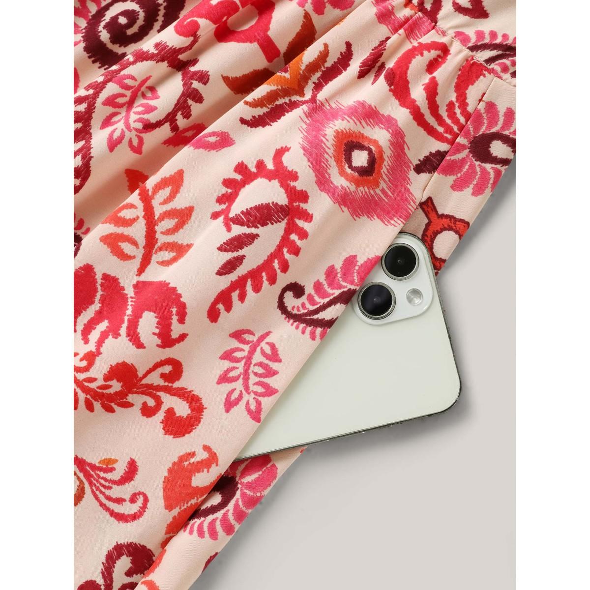 Plus Size Sweet Florals Notched Collar Midi Dress OrangeRed Women Boho Gathered Flat collar Short sleeve Curvy BloomChic 10/M Product Image