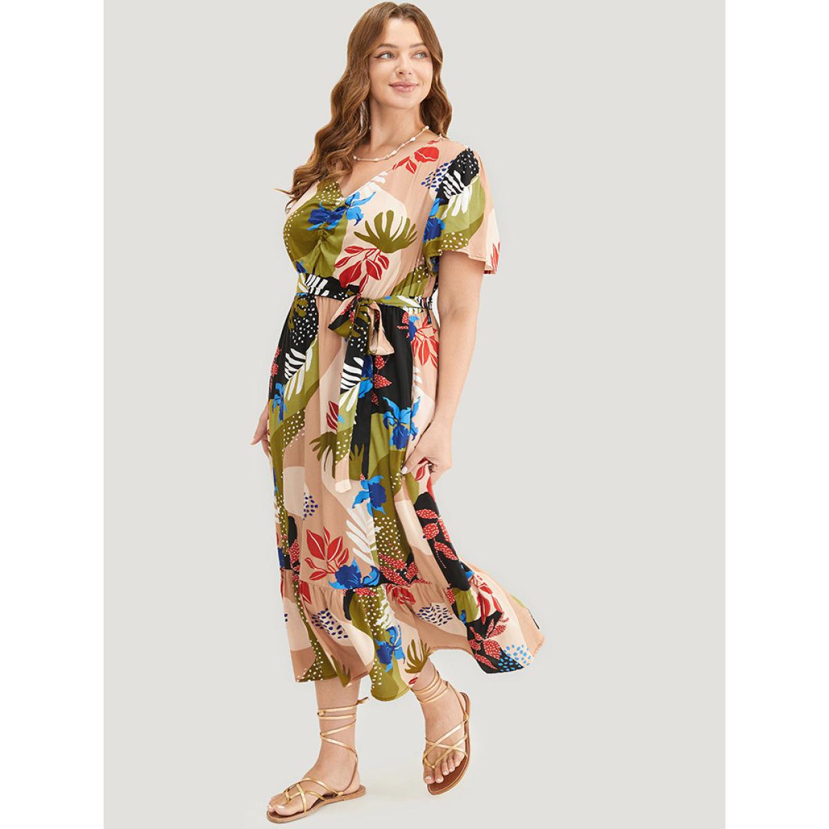 Plus Size Tropical Print Ruched Front Belt Pocket Flutter Hem Dress Multicolor Women Vacation Gathered V-neck Short sleeve Curvy Midi Dress BloomChic 14-16/1X Product Image