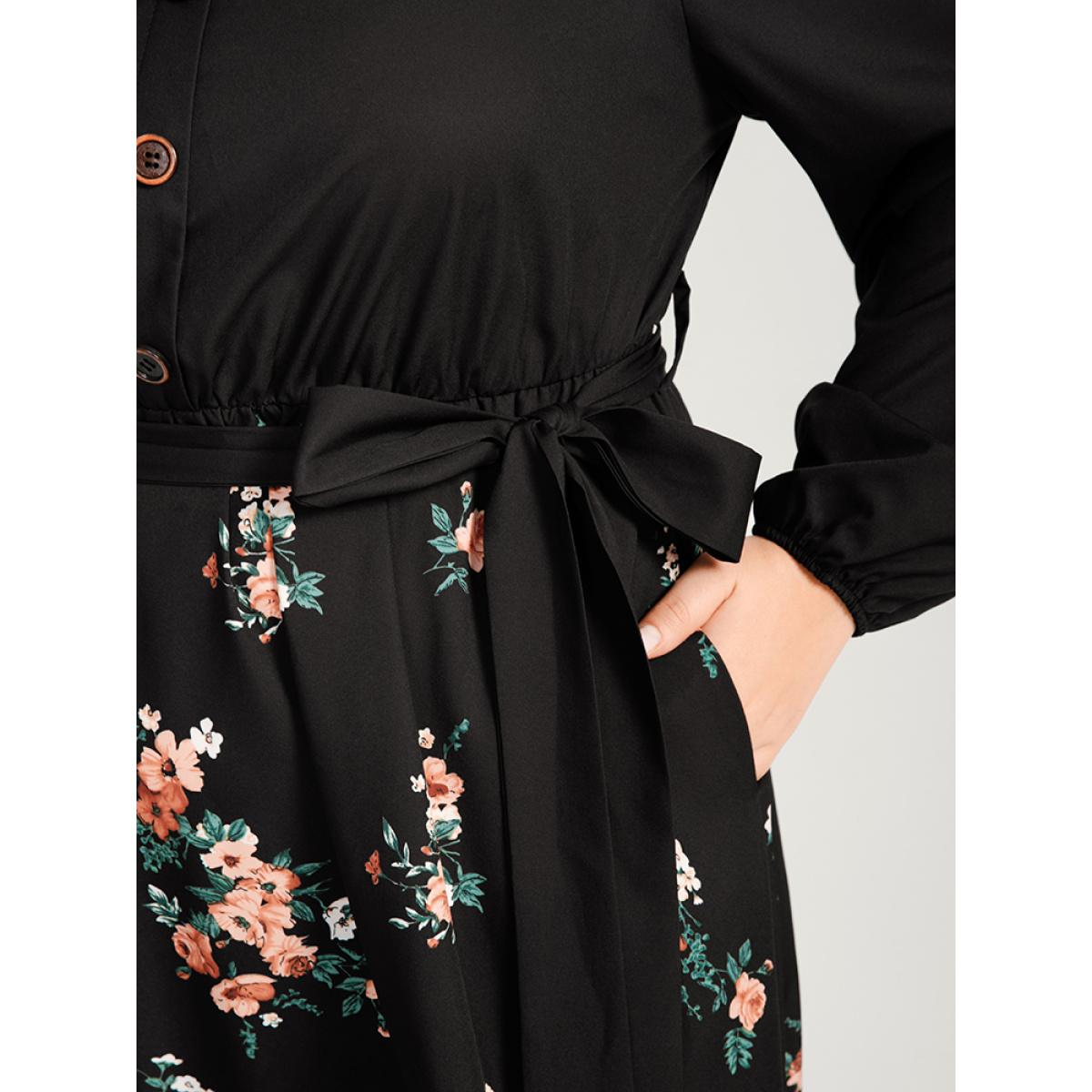 Plus Size Floral Lantern Sleeve Pocket Belted Wrap Flutter Dress Black Women Elegant Belted V-neck Long Sleeve Curvy Midi Dress BloomChic 22-24/3X Product Image