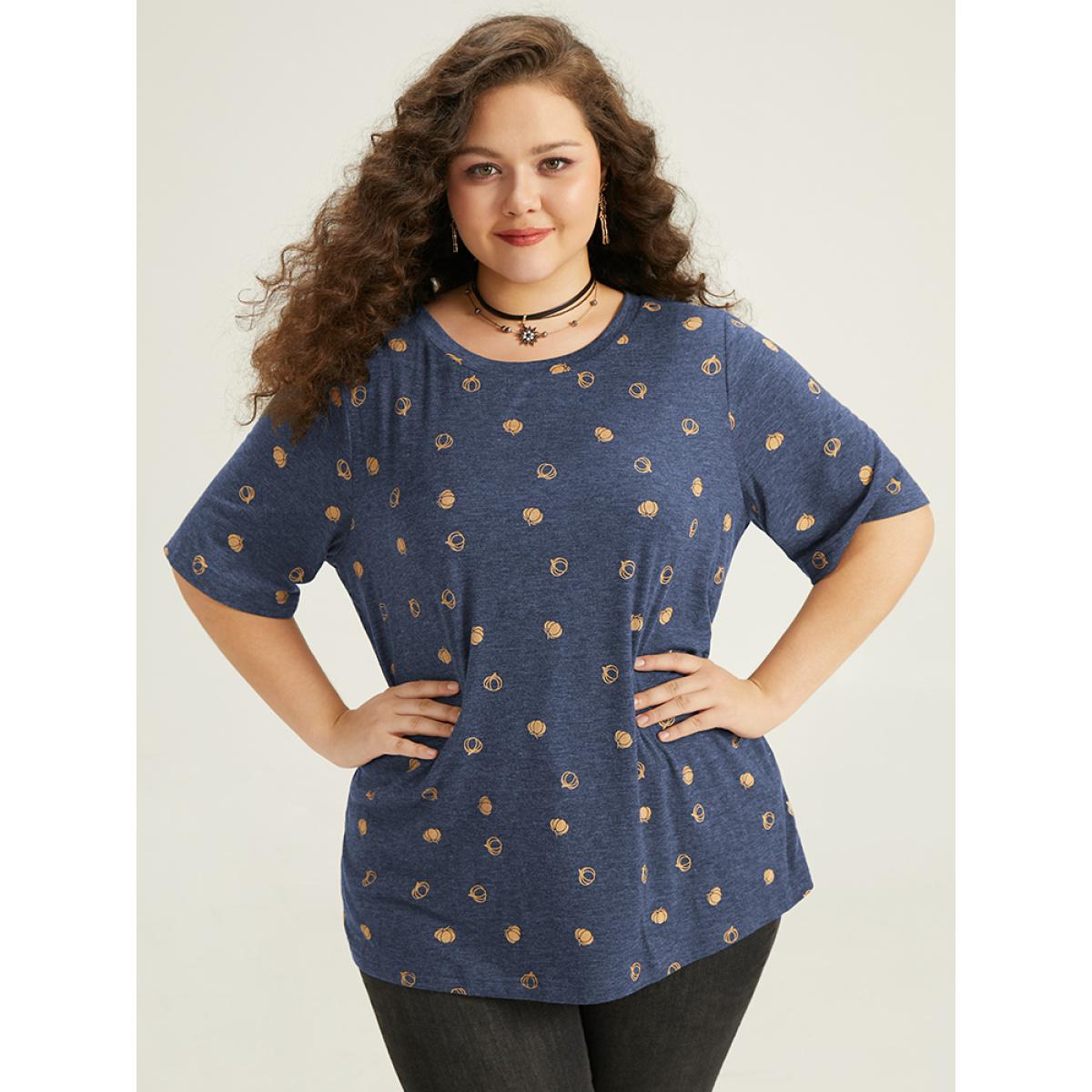 Plus Size Halloween Pumpkin Print Crew Neck T-shirt Indigo Women Casual Printed Graphic-Halloween Round Neck Festival-Halloween T-shirts BloomChic 30/6X Product Image