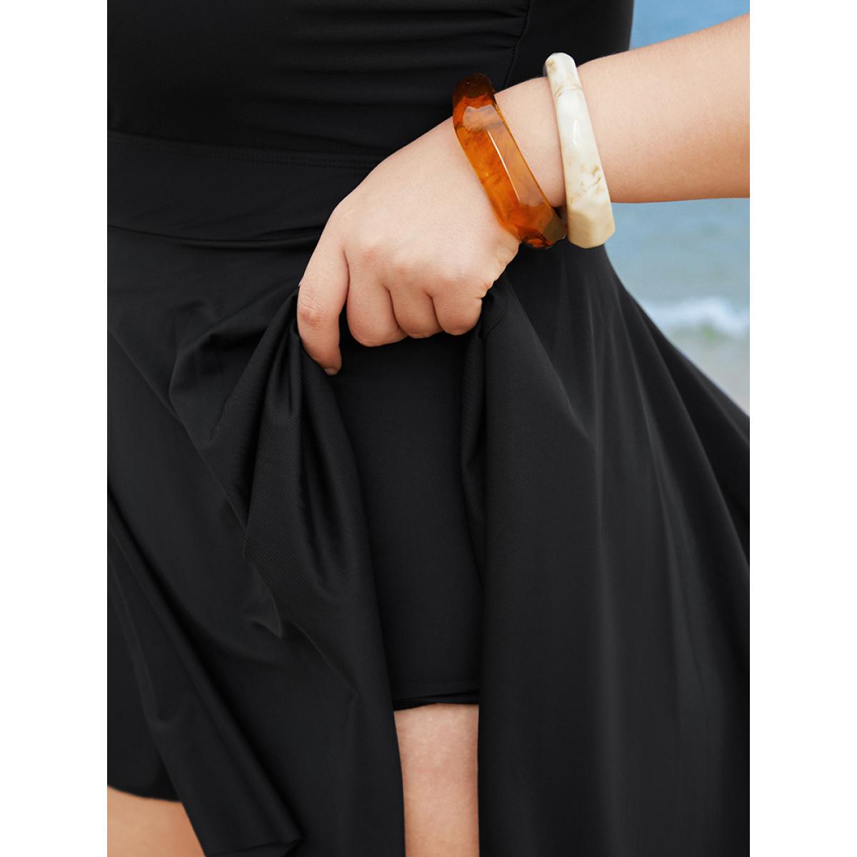 Plus Size Crisscross Cut Out Sculpt Waist Ruffle Hem Swim Dress Women's Swimwear Black Vacation Bodycon High stretch Curve Swim Dresses BloomChic 30/6X Product Image