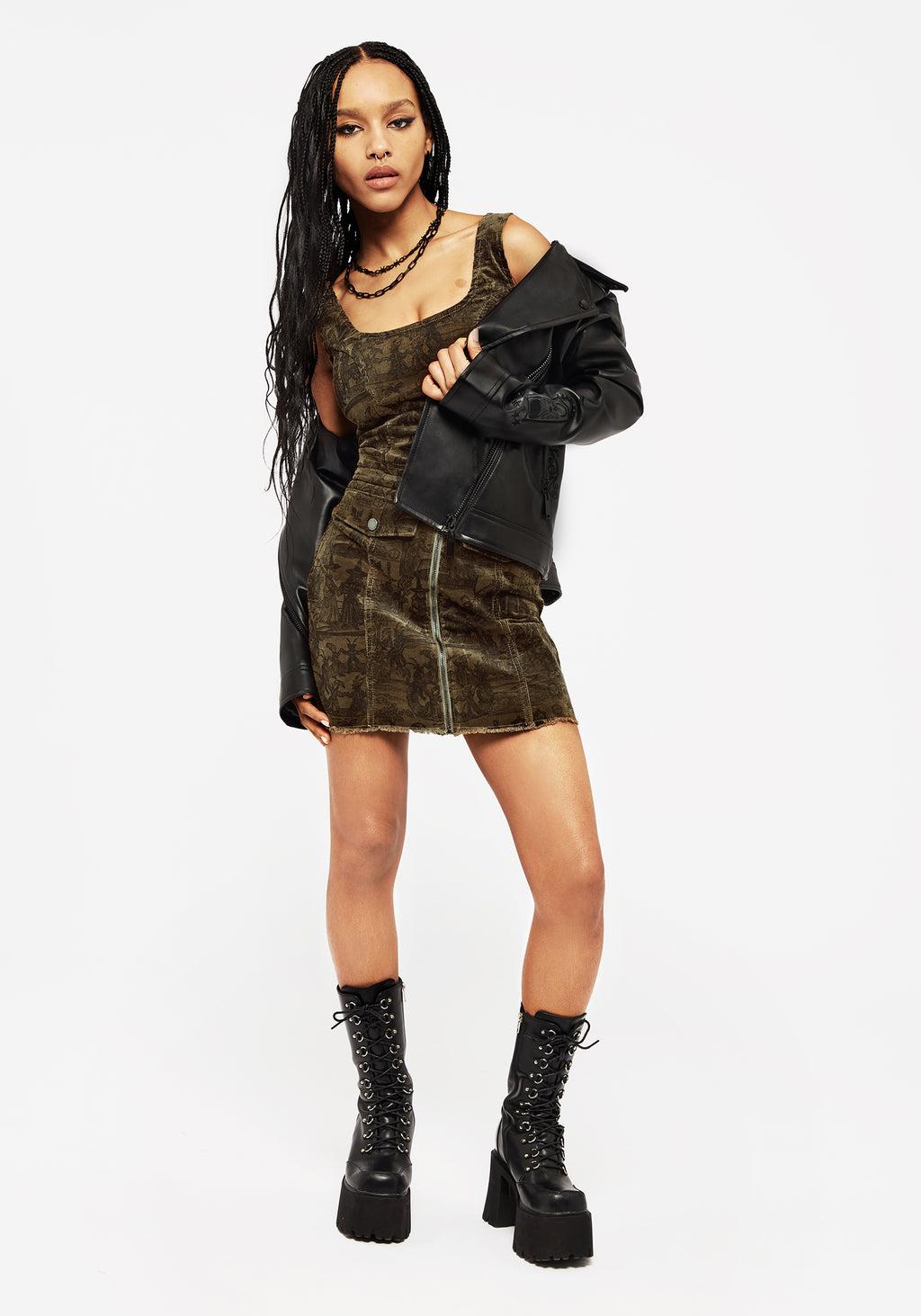 Diabolical Cord Woodcut Print Zip Up Mini Skirt Product Image