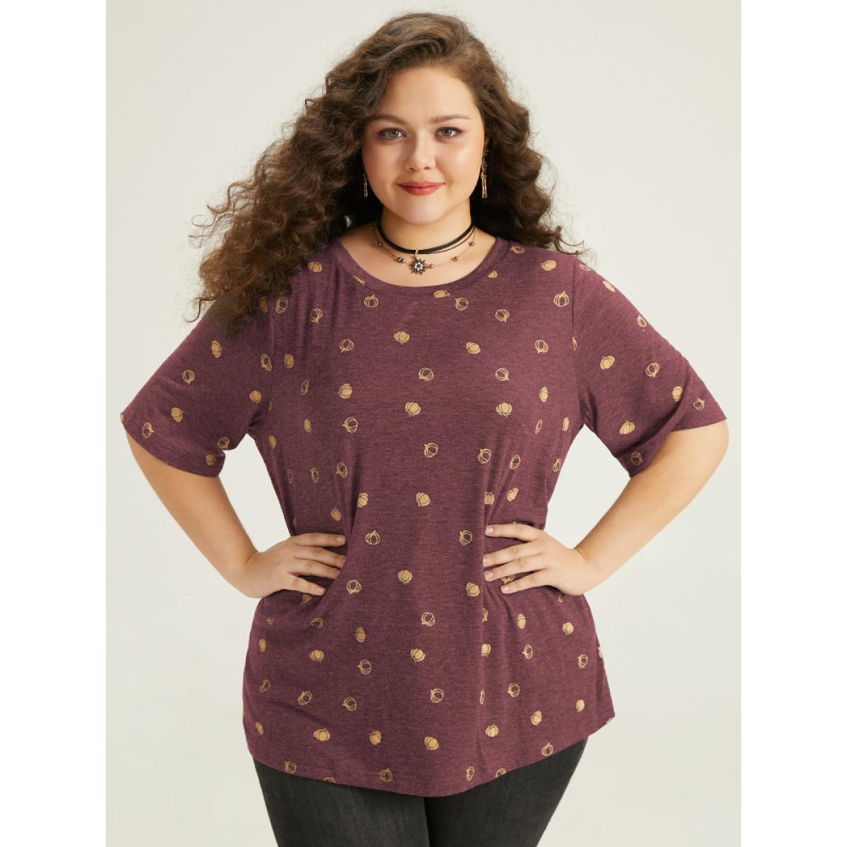 Plus Size Halloween Pumpkin Print Crew Neck T-shirt Russet Women Casual Printed Graphic-Halloween Round Neck Festival-Halloween T-shirts BloomChic 14-16/1X Product Image