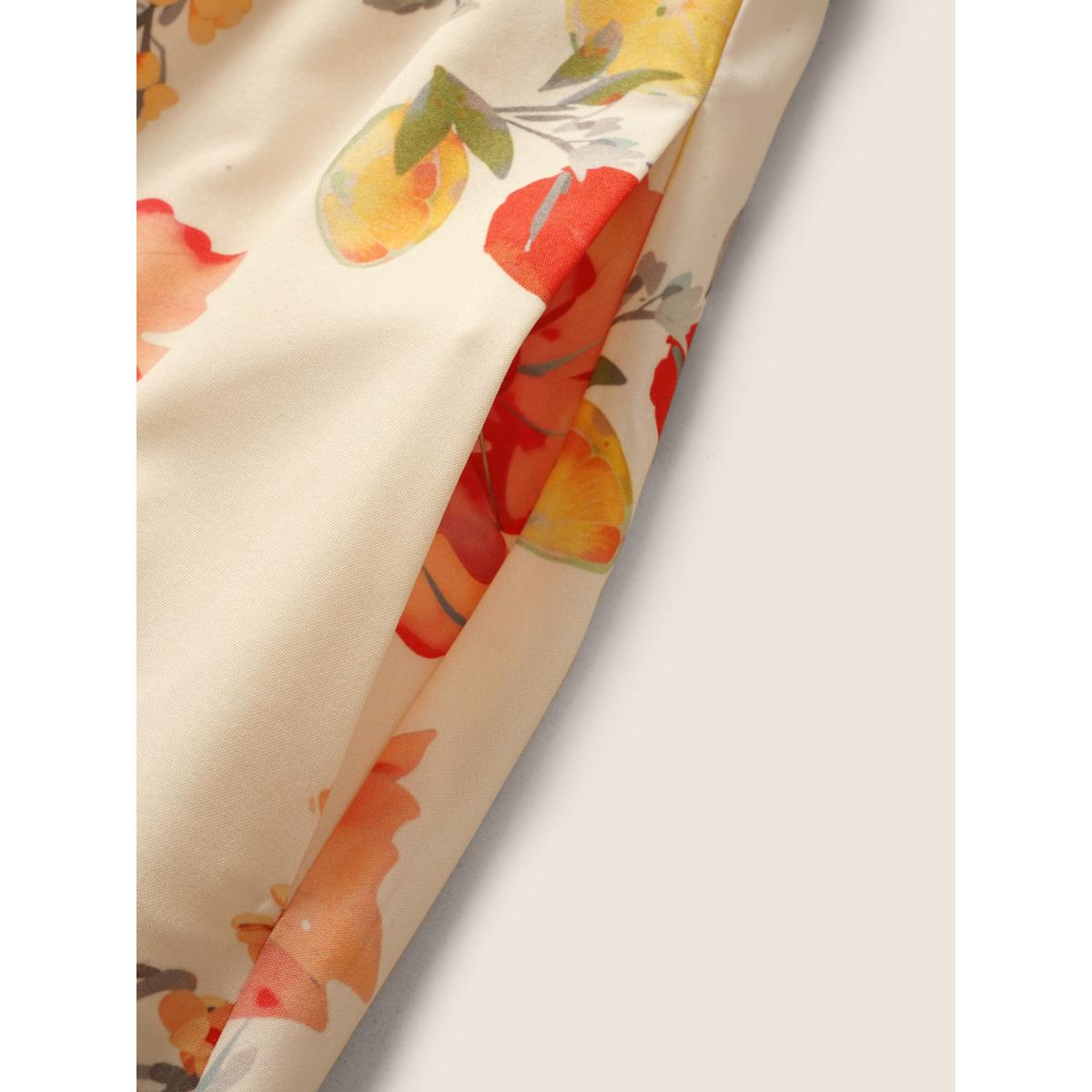 Plus Size Citrus Orange Print Square Neck Ruffles Gathered Dress Apricot Women Elegant Gathered Square Neck Half Sleeve Curvy Midi Dress BloomChic 12/L Product Image