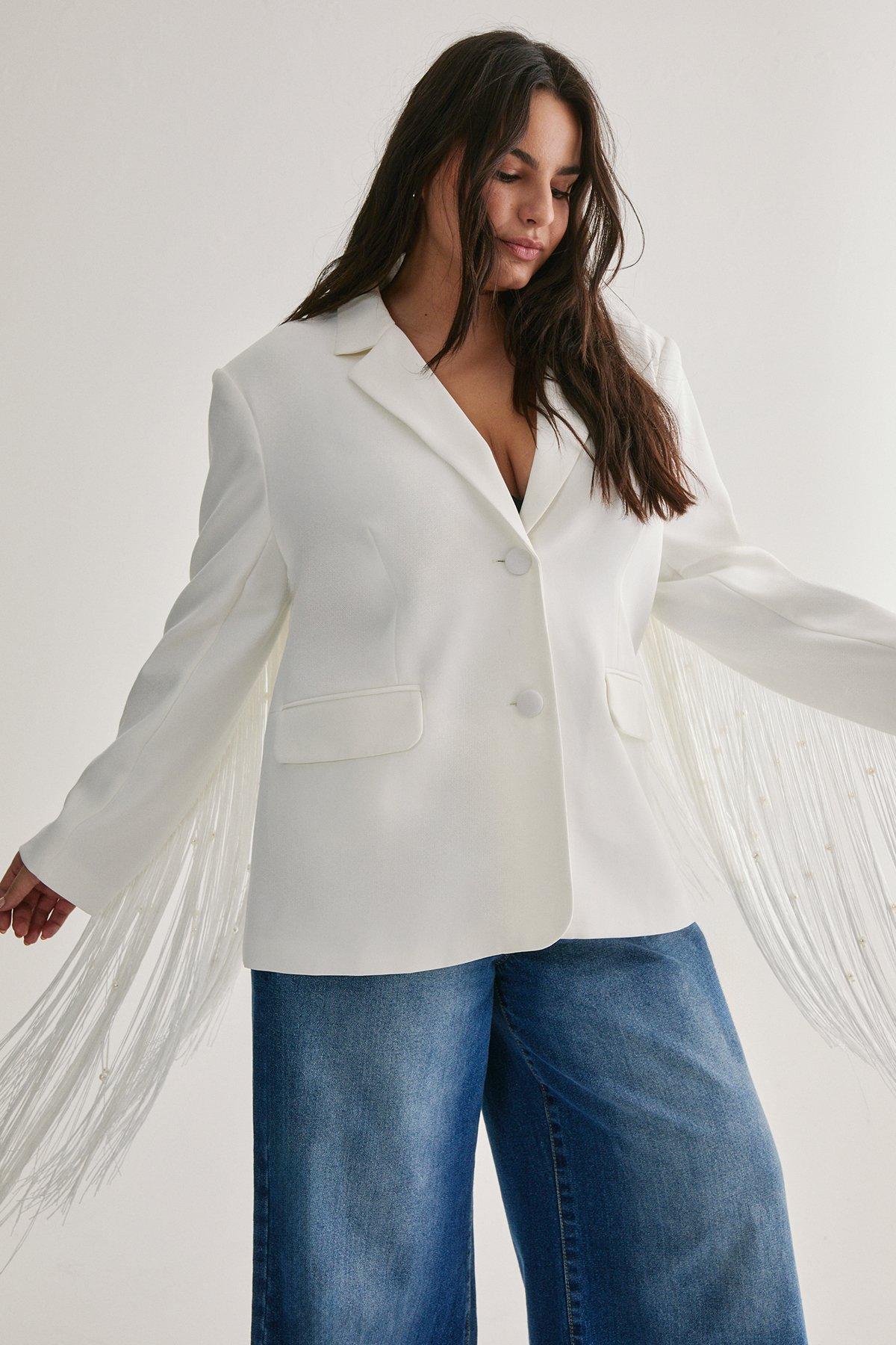 Plus Premium Pearl Trim Fringe Blazer Product Image