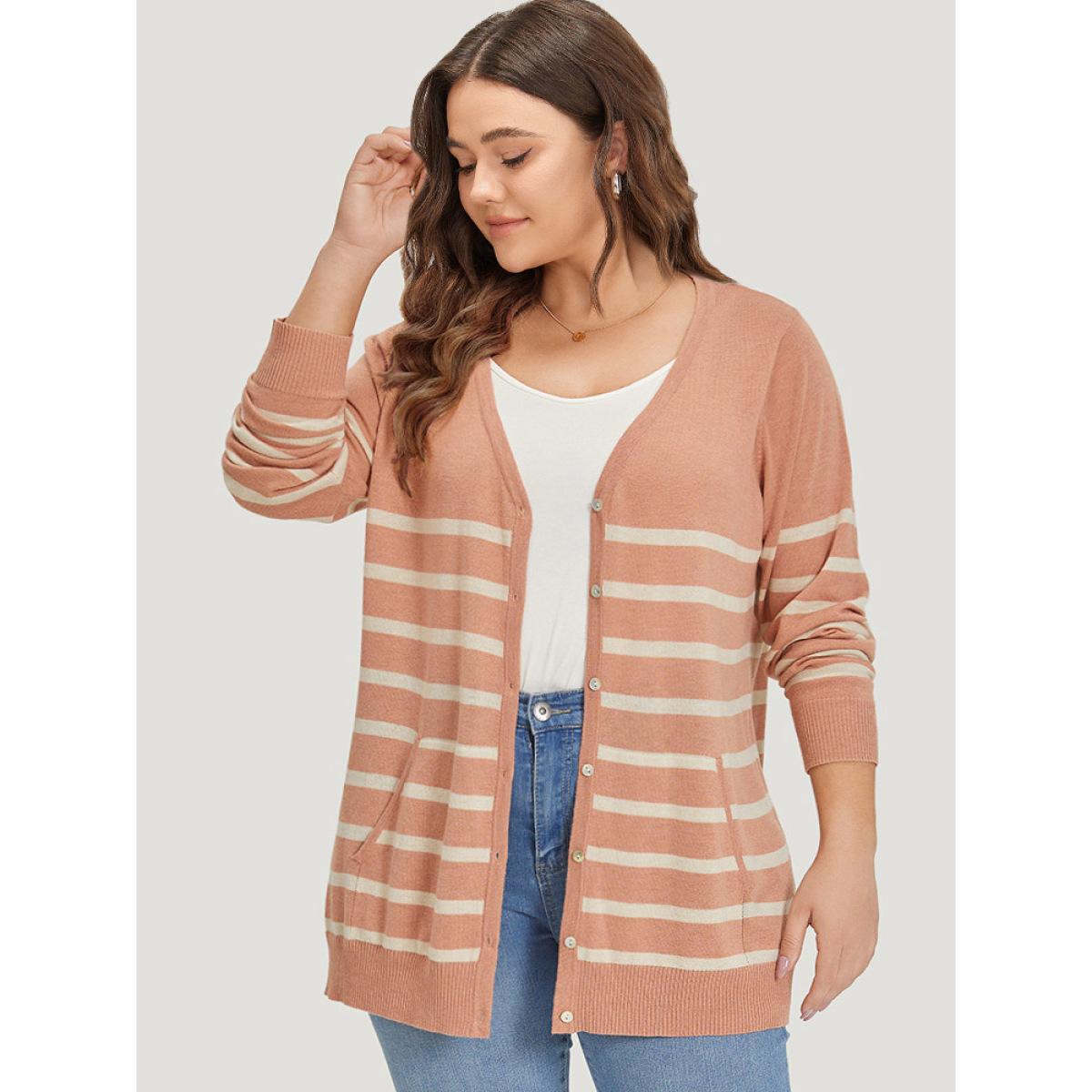 Plus Size Supersoft Essentials Striped Pocket Button Through Cardigan Crepe Women Leisure Loose Long Sleeve Casual Cardigans BloomChic 22-24/3X Product Image