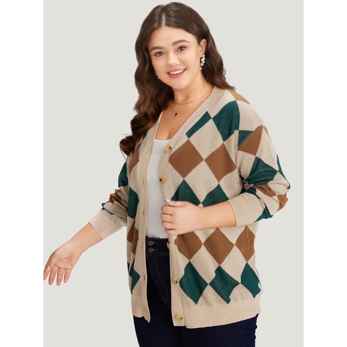 Plus Size Argyle Plaid Contrast Button Up Cardigan Multicolor Women Casual Loose Long Sleeve Dailywear Cardigans BloomChic 26/4X Product Image