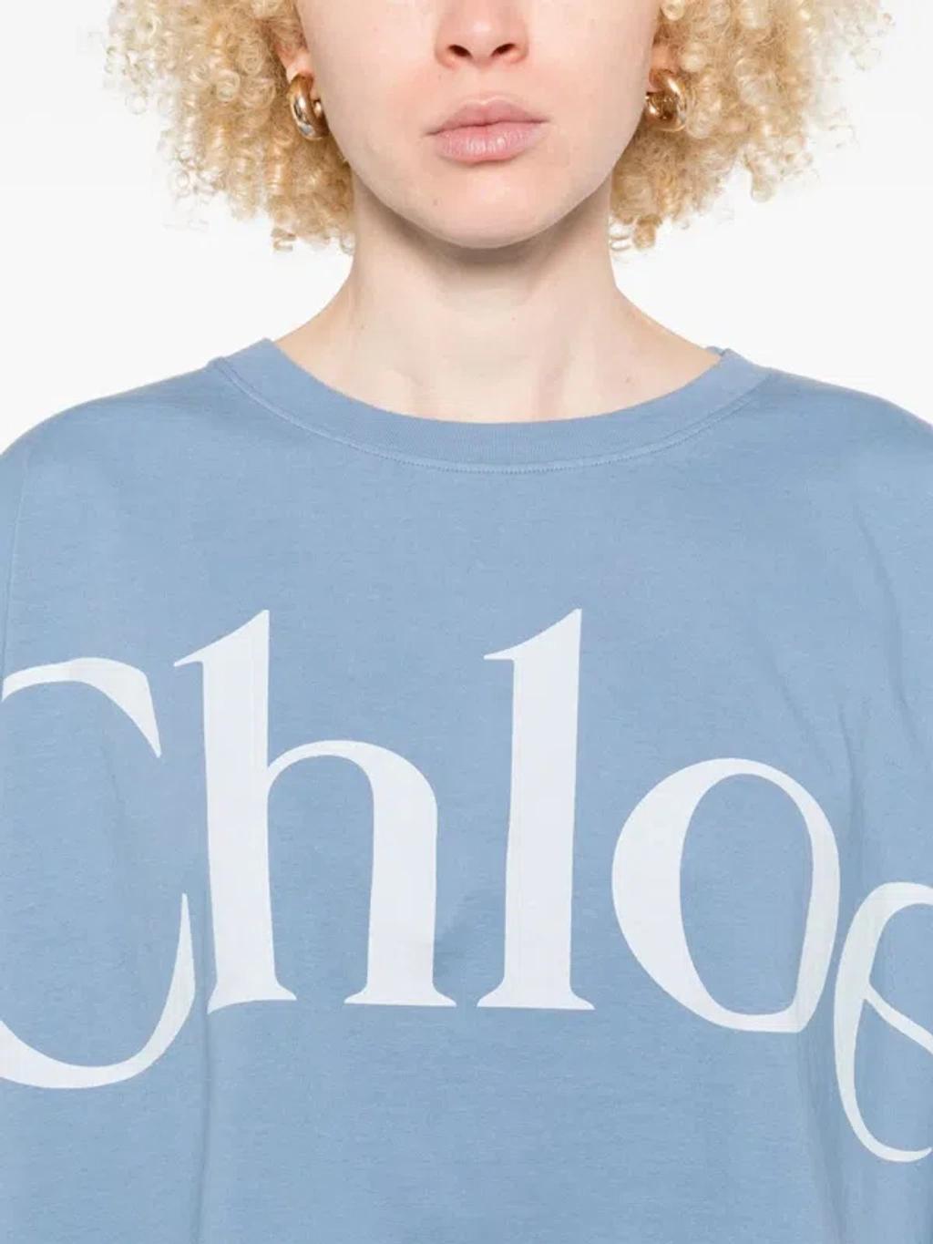 CHLOÉ Women Light Blue Jersey Cropped Logo T-shirt Product Image