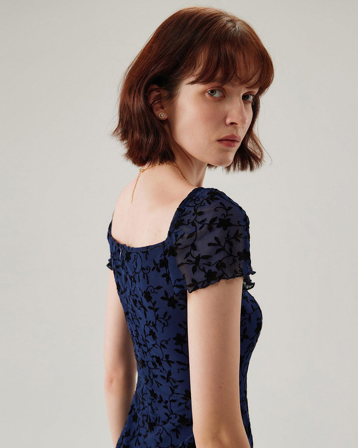 Blue Floral Square Neck Mesh Mini Dress Product Image