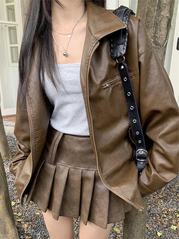 Vintage Brown Lapel Neck Zip Up Leather Jacket Product Image
