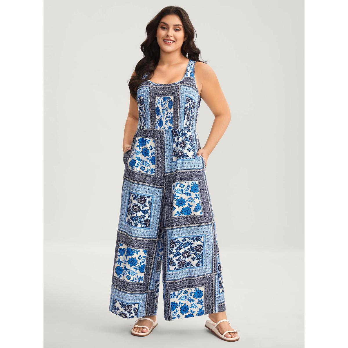 Plus Size DarkBlue Floral Collage Shirred Straight-Leg Jumpsuit Women Sleeveless U-neck Everyday-Casual Loose Jumpsuits BloomChic 14-16/1X Product Image