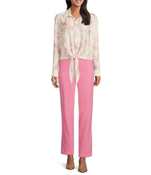 Preston & York Kinsley Satin Rose Print Long Sleeve Button Tie Front Blouse Product Image