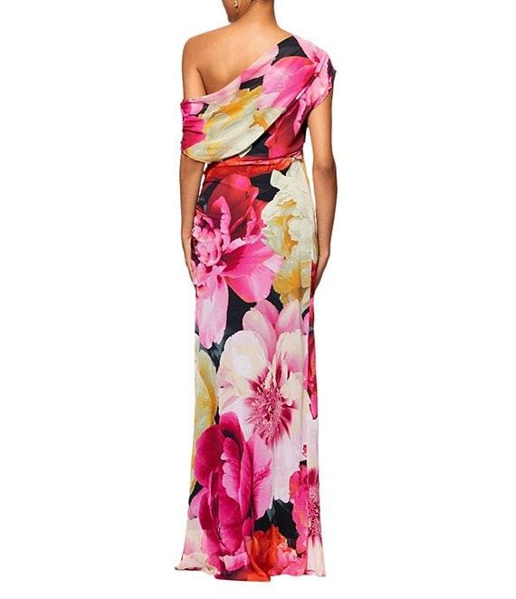 Betsy & Adam Chiffon Floral Print One Shoulder Neck One Short Sleeve Ruched Gown Product Image