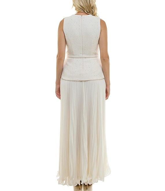 Taylor Knit Boucle Crew Neck Sleeveless Gold Foil Pleated Skinny Belt A-Line Dress Product Image