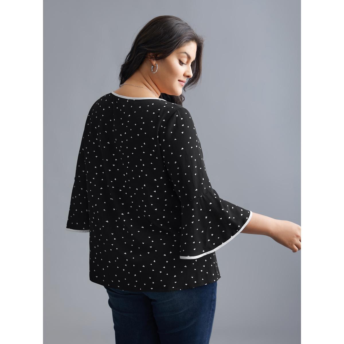 Plus Size Black Heart Print Bell Sleeve Patchwork Blouse Women Elegant Elbow-length sleeve Round Neck Everyday Blouses BloomChic 30/6X Product Image