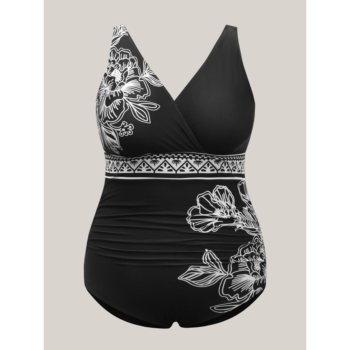 Plus Size Floral Pattern Ruched One-Piece Swimsuit Women's Swimwear Black Beach Gathered Curve Bathing Suits High stretch One Pieces BloomChic 12/L Product Image