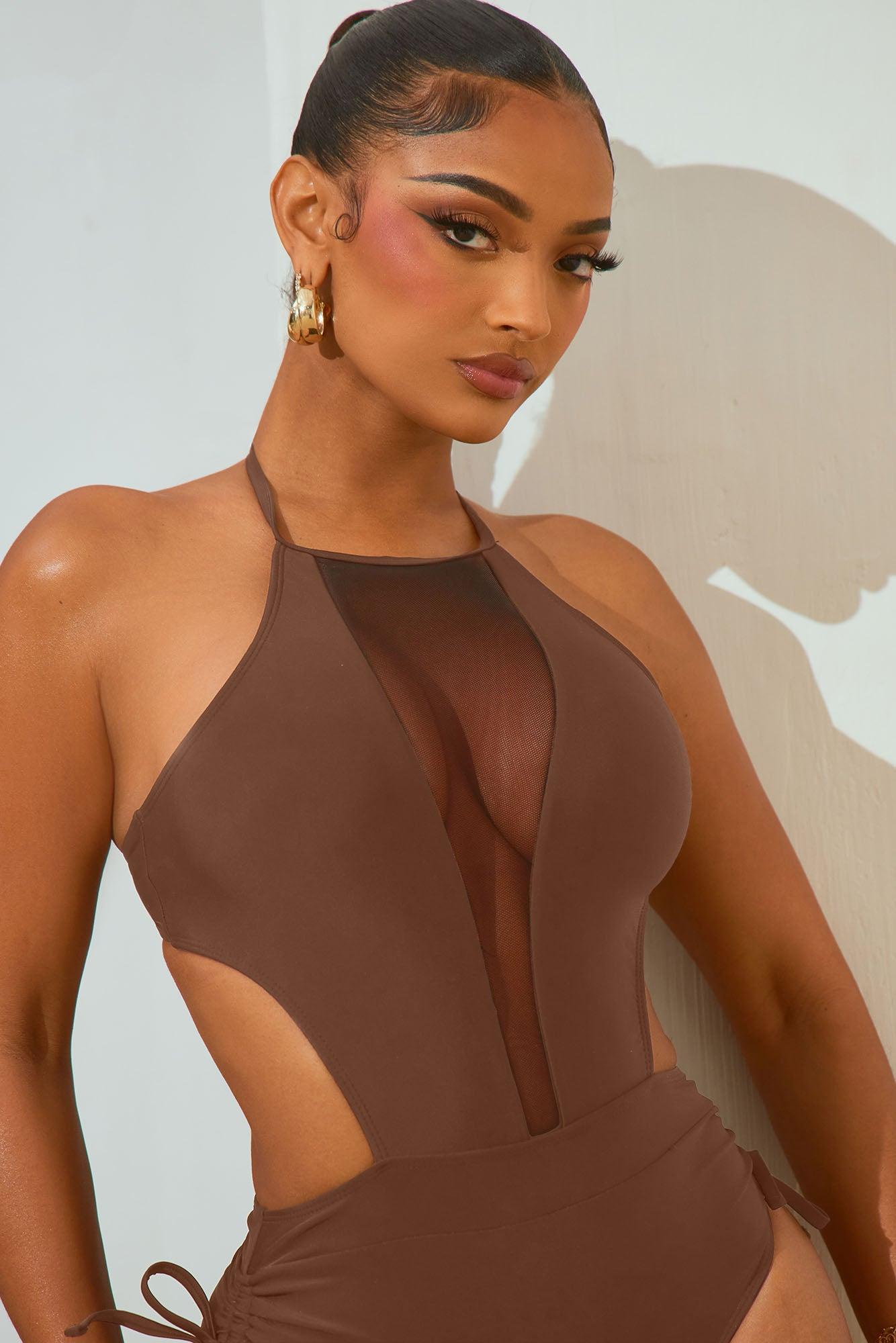 Karly Mesh Cutout 1 Piece Swimsuit - Chocolate Product Image
