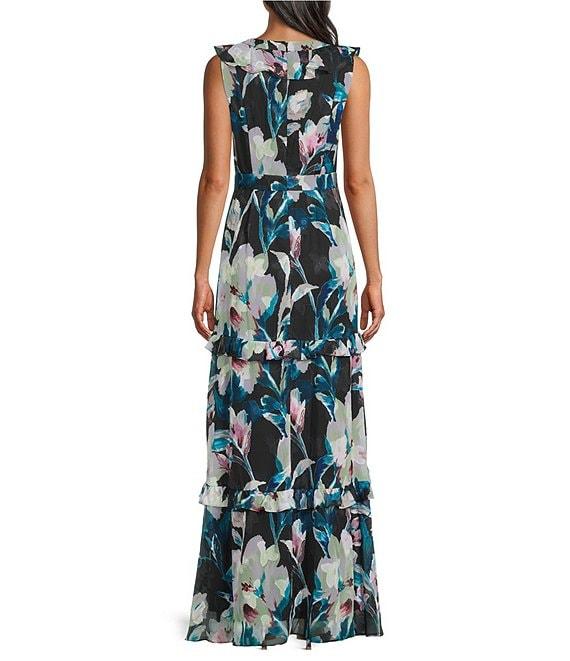 Adrianna Papell Sleeveless Ruffle V-Neck Floral Print Chiffon High-Low Hem Dress Product Image