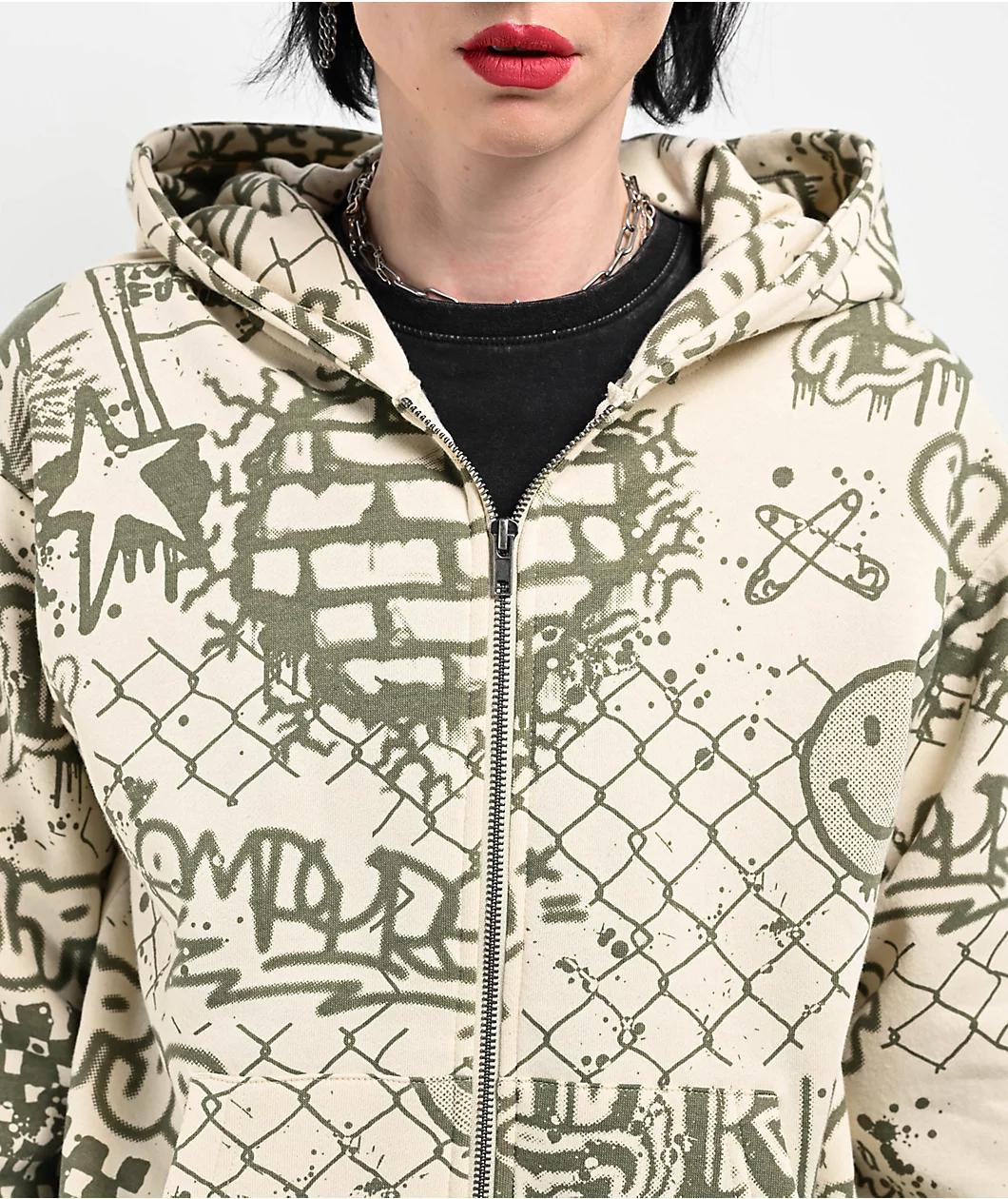 Empyre Ellio Graffiti Cream & Green Zip Hoodie Product Image