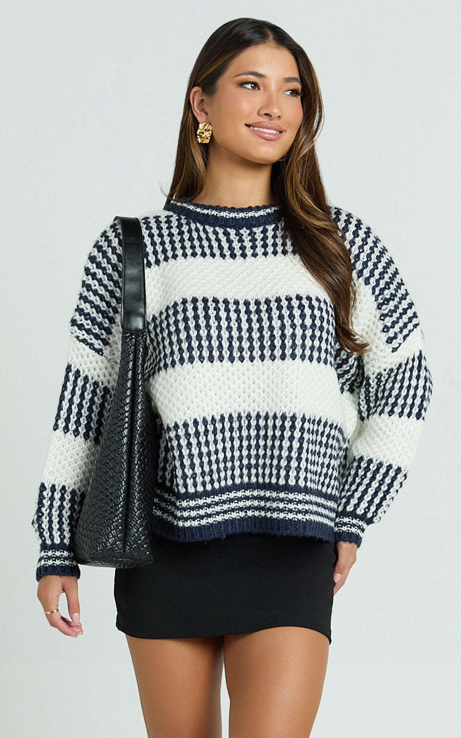 Snuggle Up Jumper - Knit Jumper in Navy Stripe Product Image