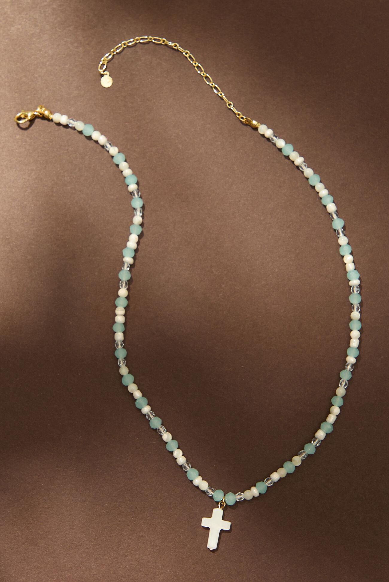 Blue Glass Bead Cross Necklace Product Image