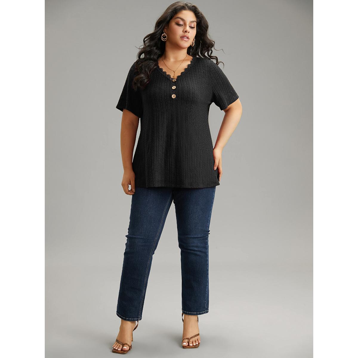 Plus Size Lace Trim Plisse Button Detail T-shirt Black Women Casual Texture Plain V-neck Everyday T-shirts BloomChic 28/5X Product Image