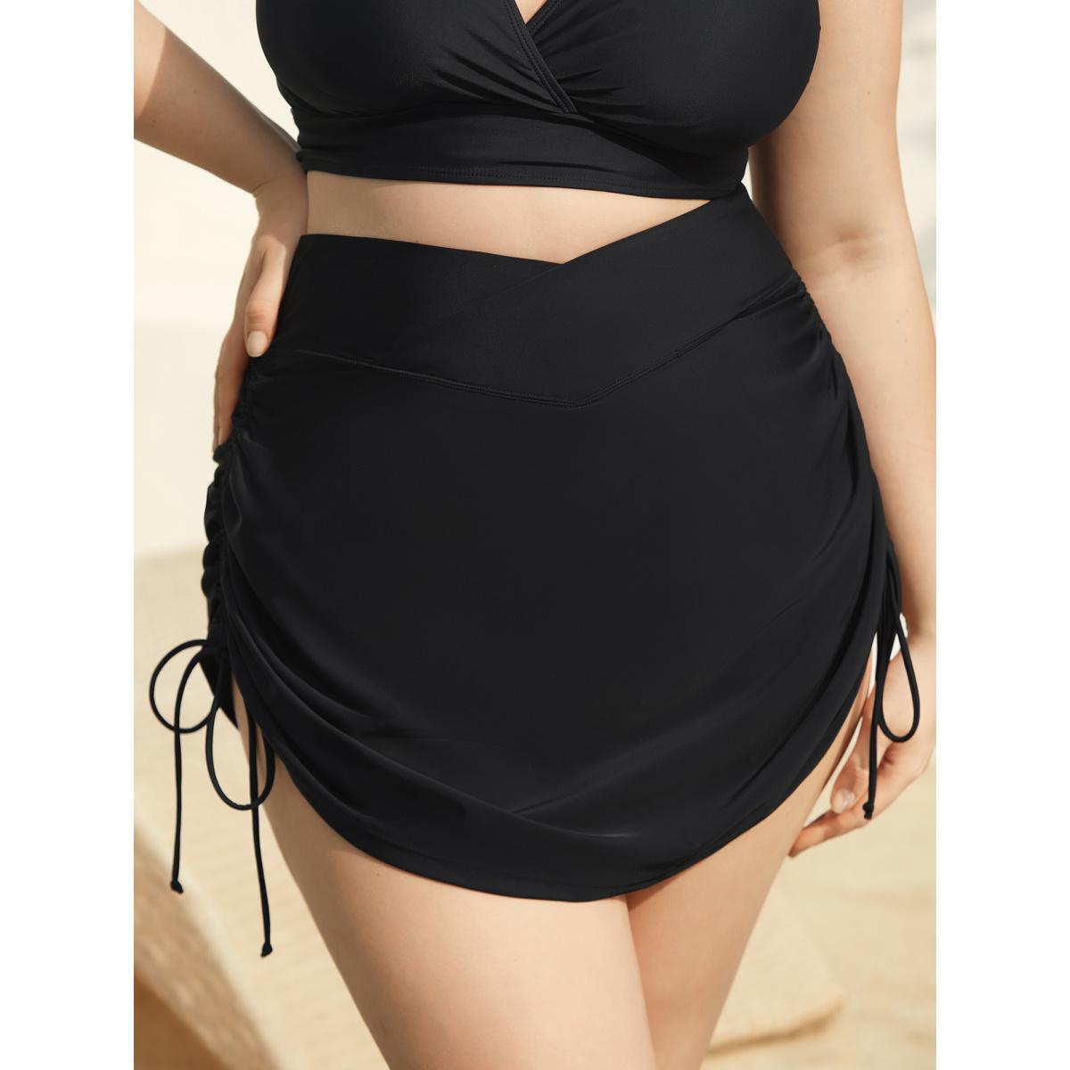 Plus Size Drawstring Adjustable Coverage Ruched Swim Bottoms Women's Swimwear Black Beach Overlapping High stretch Skinny High Rise Curve Swim Bottoms BloomChic 18-20/2X Product Image