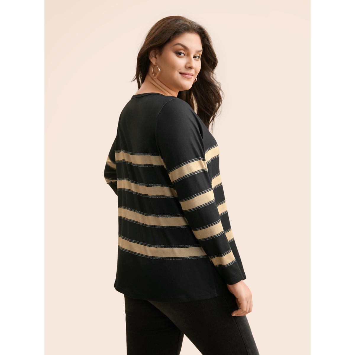 Plus Size Contrast Striped Button Detail T-shirt Black Women Casual Button V-neck Everyday T-shirts BloomChic 10/M Product Image