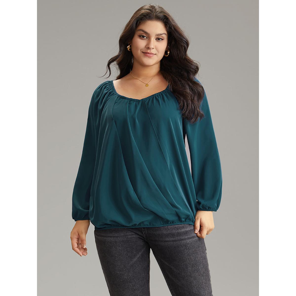 Plus Size Aegean Static-Free Solid Lantern Sleeve Plicated Detail Blouse Women Elegant Long Sleeve Square Neck Office Blouses BloomChic 12/L Product Image