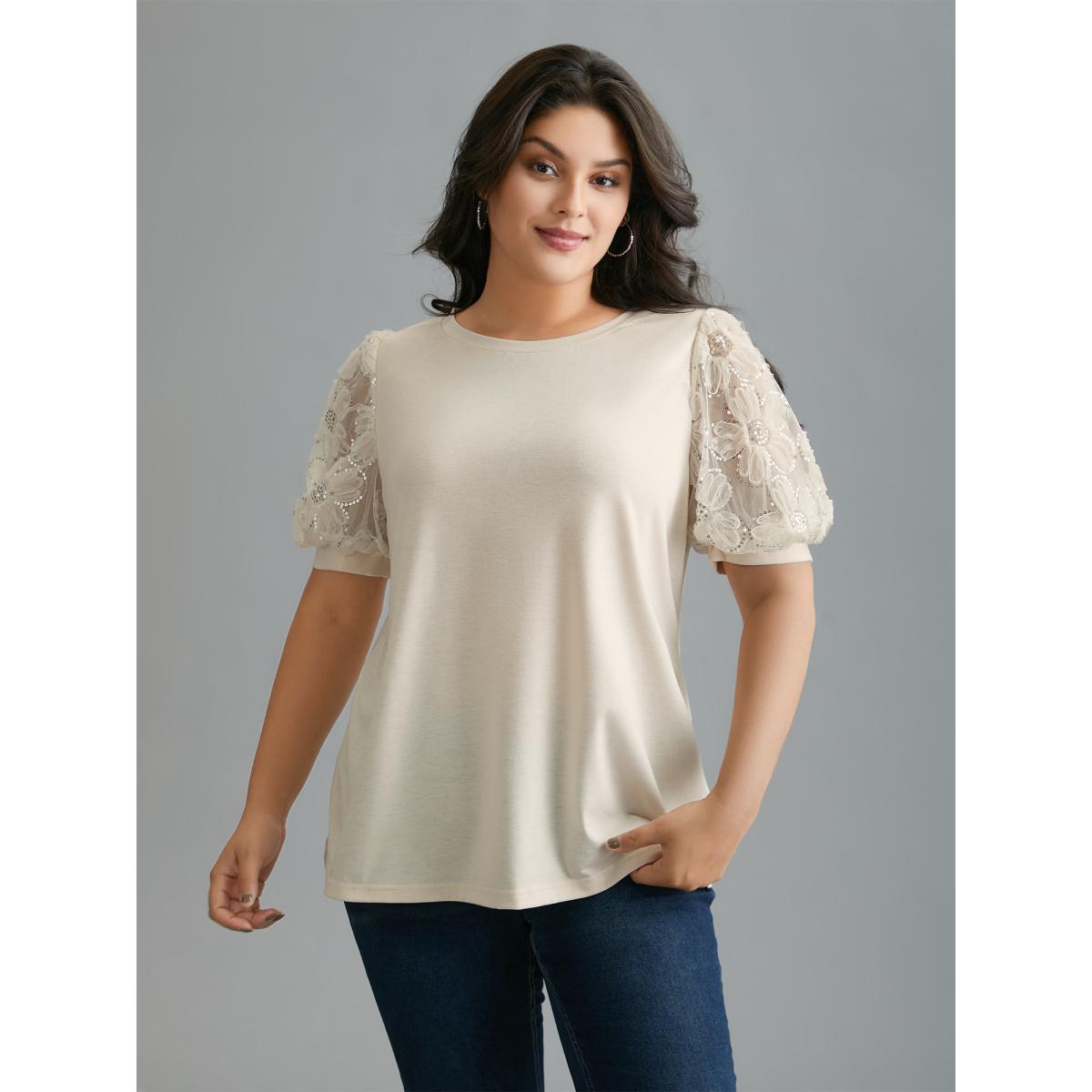 Plus Size Floral Sequin Mesh Round Neck T-shirt Beige Women Elegant See through Round Neck Everyday T-shirts BloomChic 30/6X Product Image