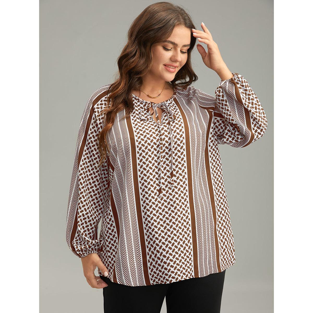 Plus Size Chocolate Geo Striped Tie Lantern Sleeve Blouse Women Resort Long Sleeve Tie Neck Vacation Blouses BloomChic 22-24/3X Product Image