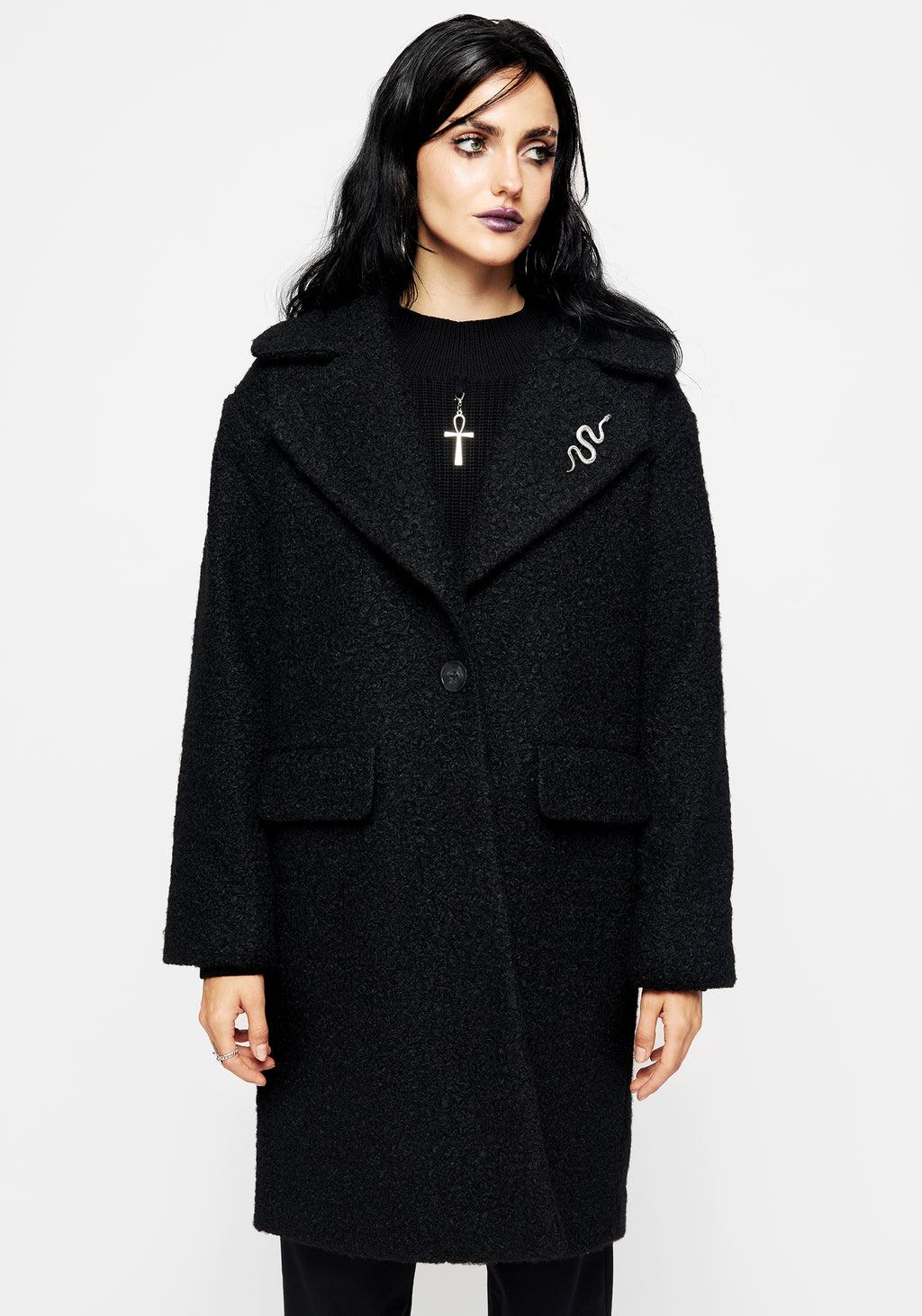 Gorgon Bouclé Oversized Coat with Snake Brooch - Black Product Image