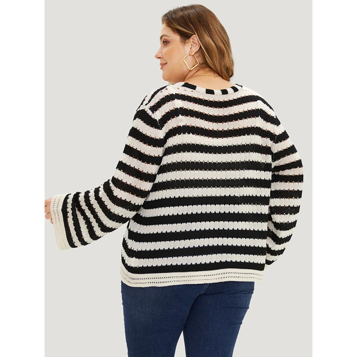 Plus Size Striped Ties Front Eyelet Lace Cardigan Black Women Casual Loose Long Sleeve Dailywear Cardigans BloomChic 26/4X Product Image