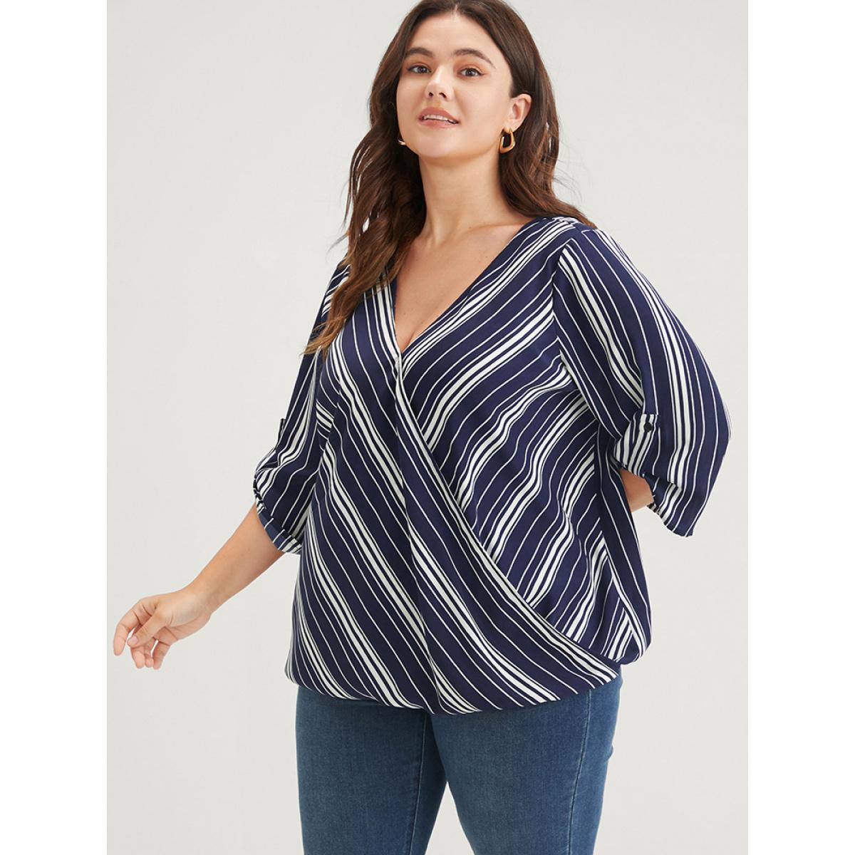 Plus Size DarkBlue Striped Button Cuffed Sleeve Wrap Blouse Women Vacation Short sleeve V-neck Dailywear Blouses BloomChic 22-24/3X Product Image