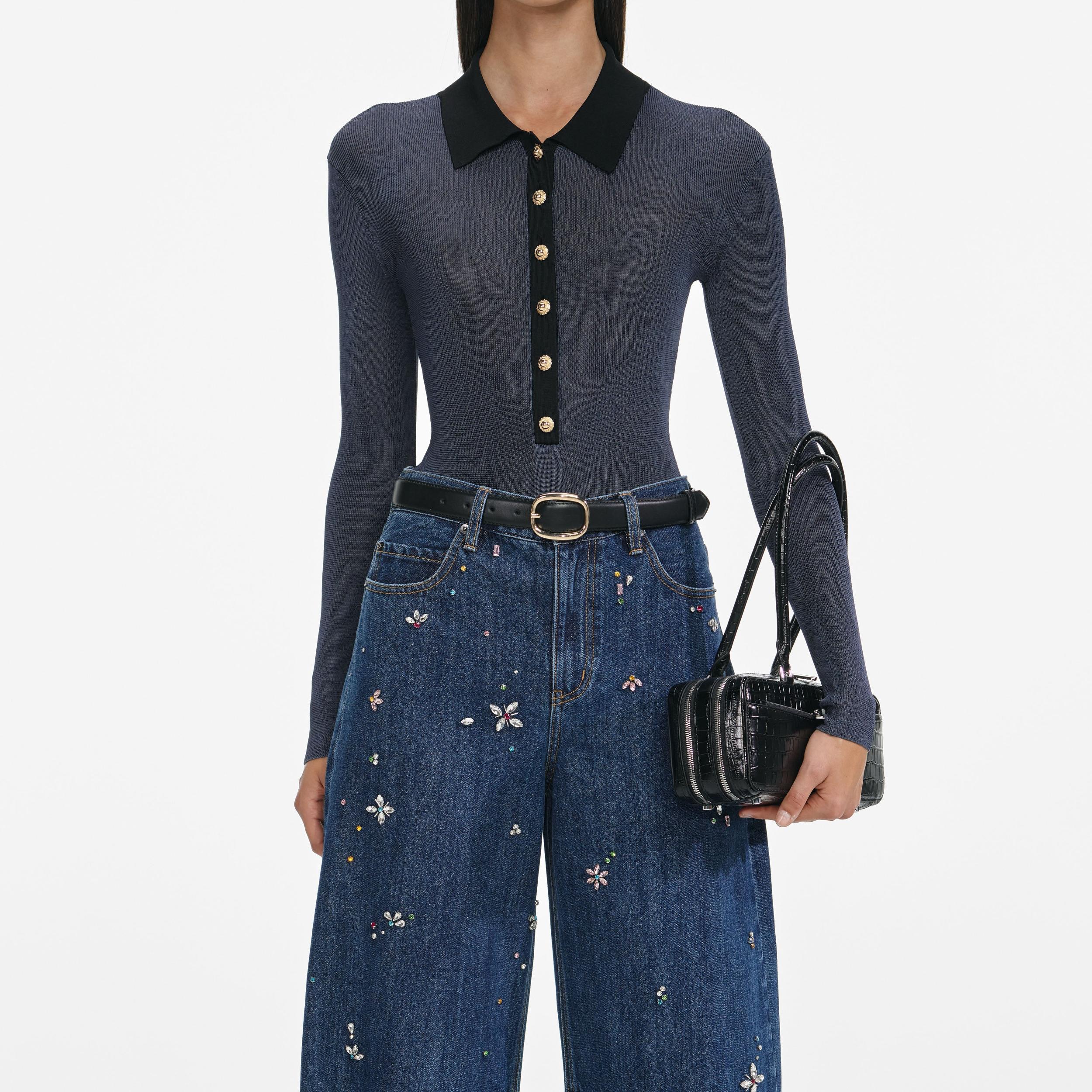 Blue Embellished Barrel Leg Jeans Product Image