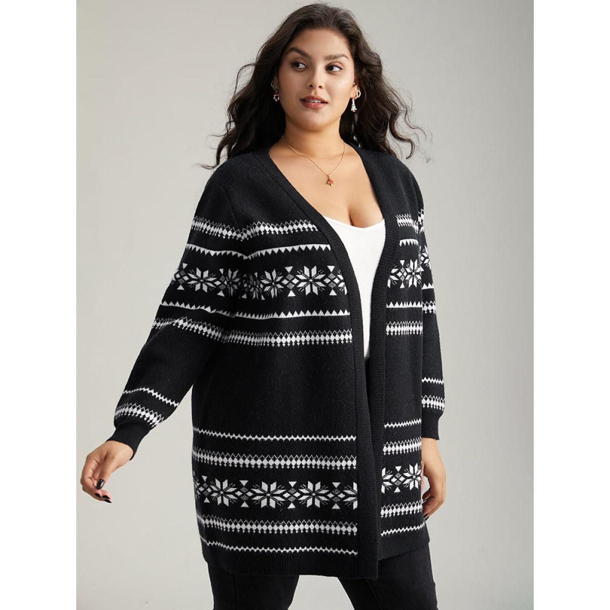 Plus Size Anti-Pilling Bandana Print Elastic Cuffs Cardigan Black Women Casual Loose Long Sleeve Festival-Christmas Cardigans BloomChic 12/L Product Image